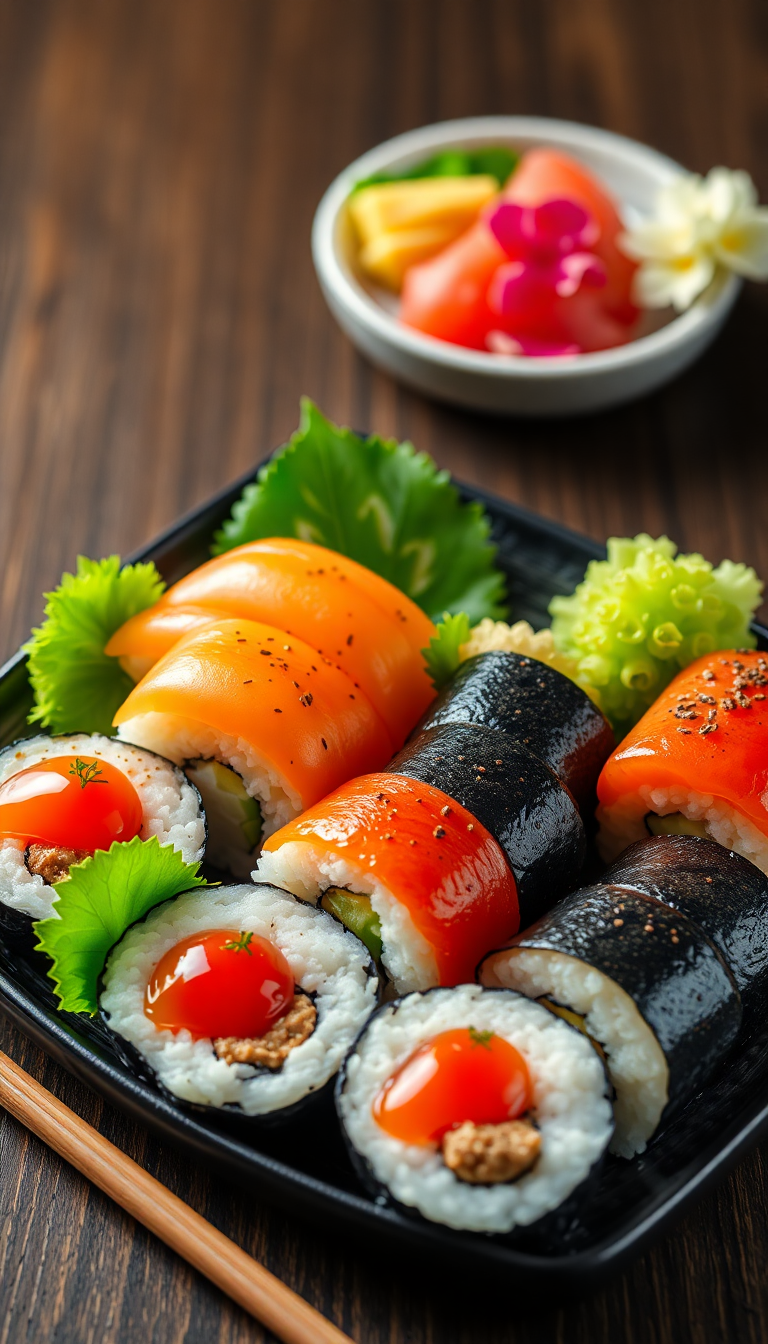 Fresh Sushi Arrangement Artistic Plating Japanese Photorealistic Super Wallpaper