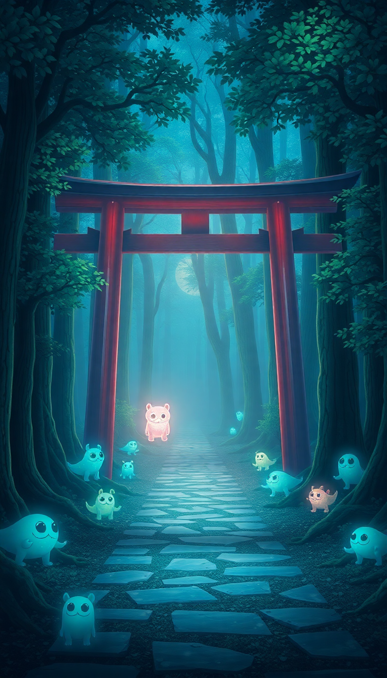 Ethereal Torii Creatures Glowing Forest Anime Wallpaper