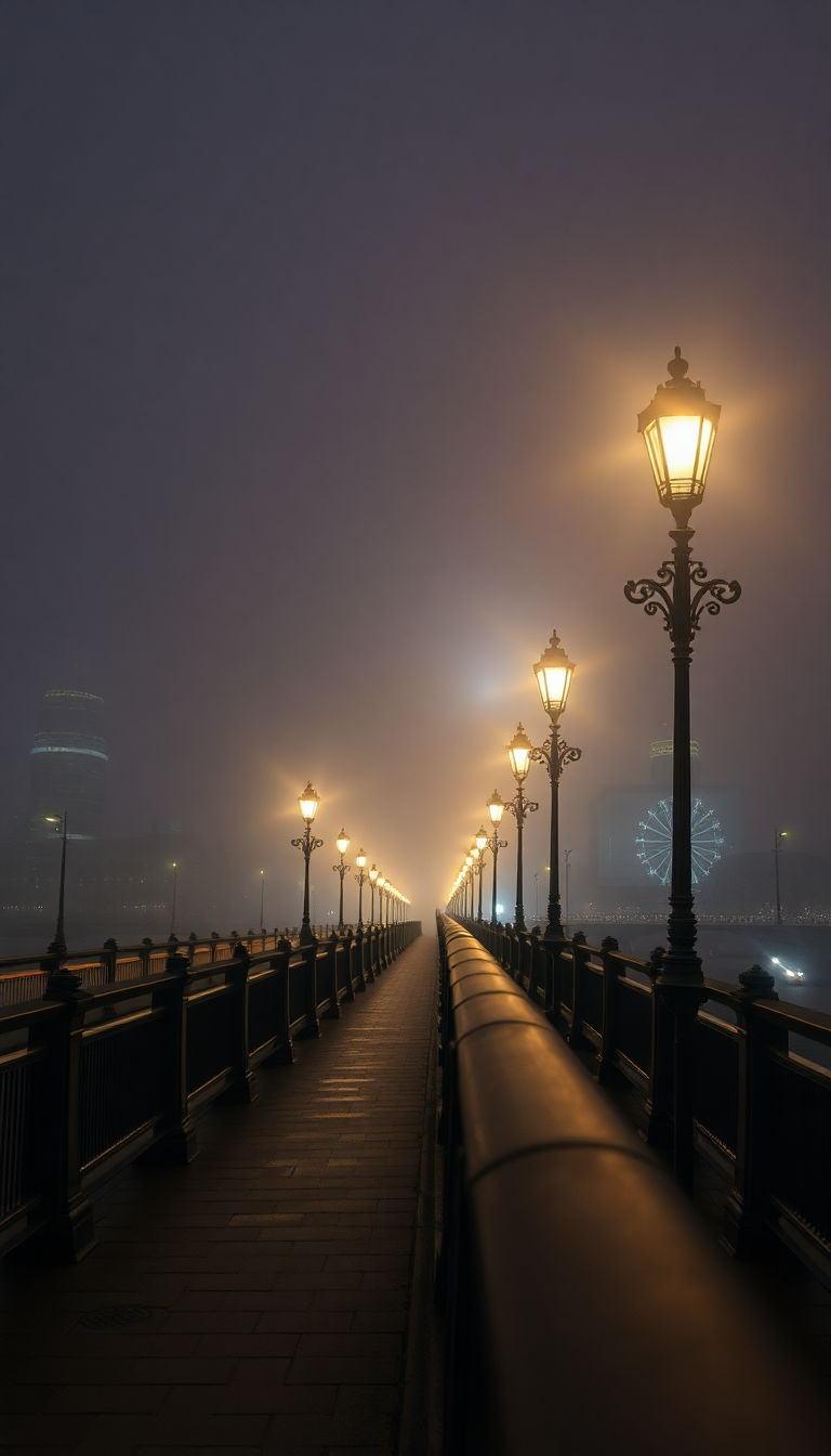 Stunning Foggy Bridge Lampposts Photorealistic Wallpaper