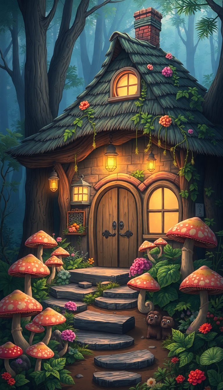 Witch Cottage In Forest Mushrooms Anime Wallpaper