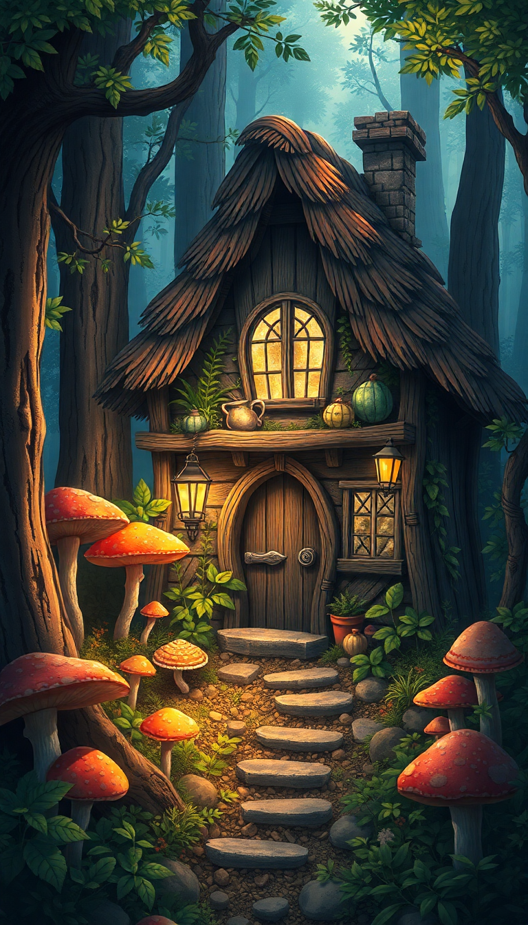 Witch Cottage In Forest Mushrooms Anime Wallpaper