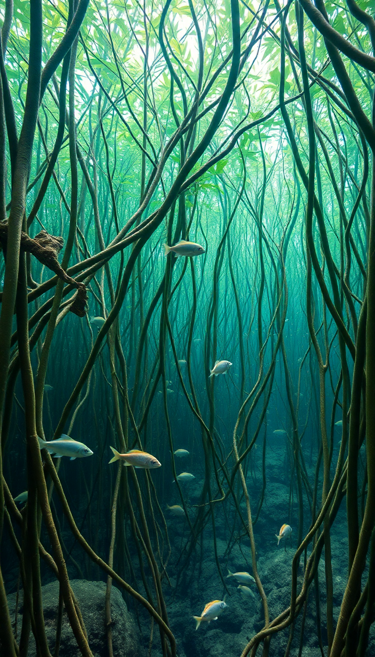 Mangrove Forest Roots Underwater Fish Photorealistic Wallpaper