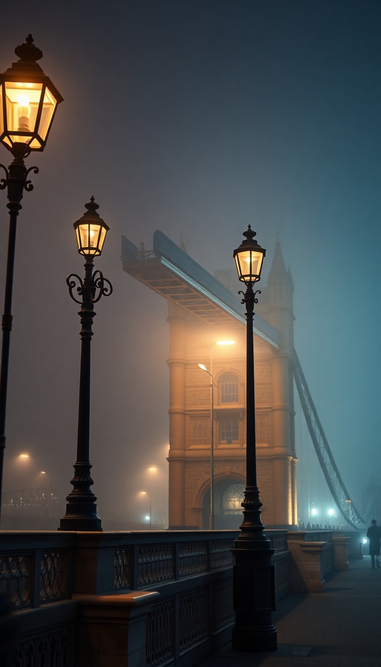 Foggy London Bridge Vintage Lampposts Photorealistic Wallpaper