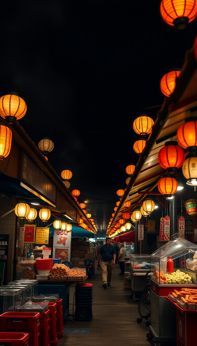 Night Market Street Food Stalls Photorealistic Wallpaper