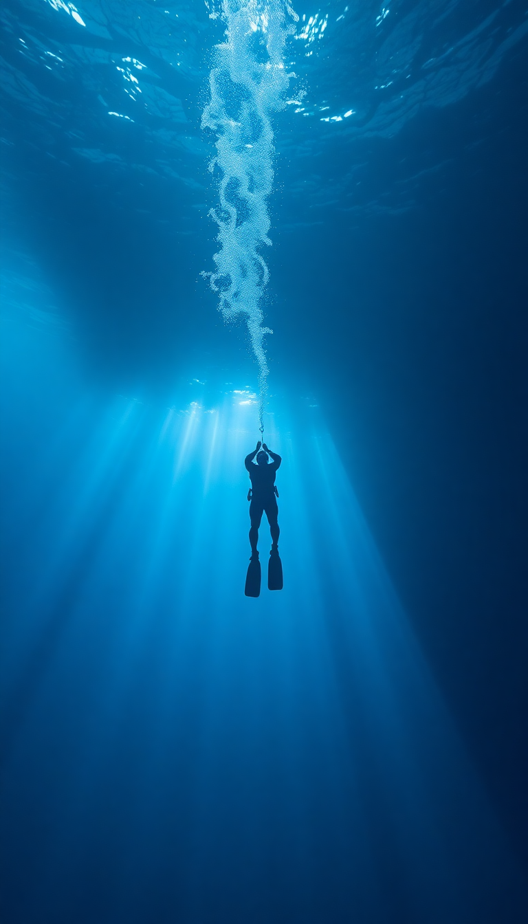 Freediver Descending Into Deep Blue Photorealistic Wallpaper