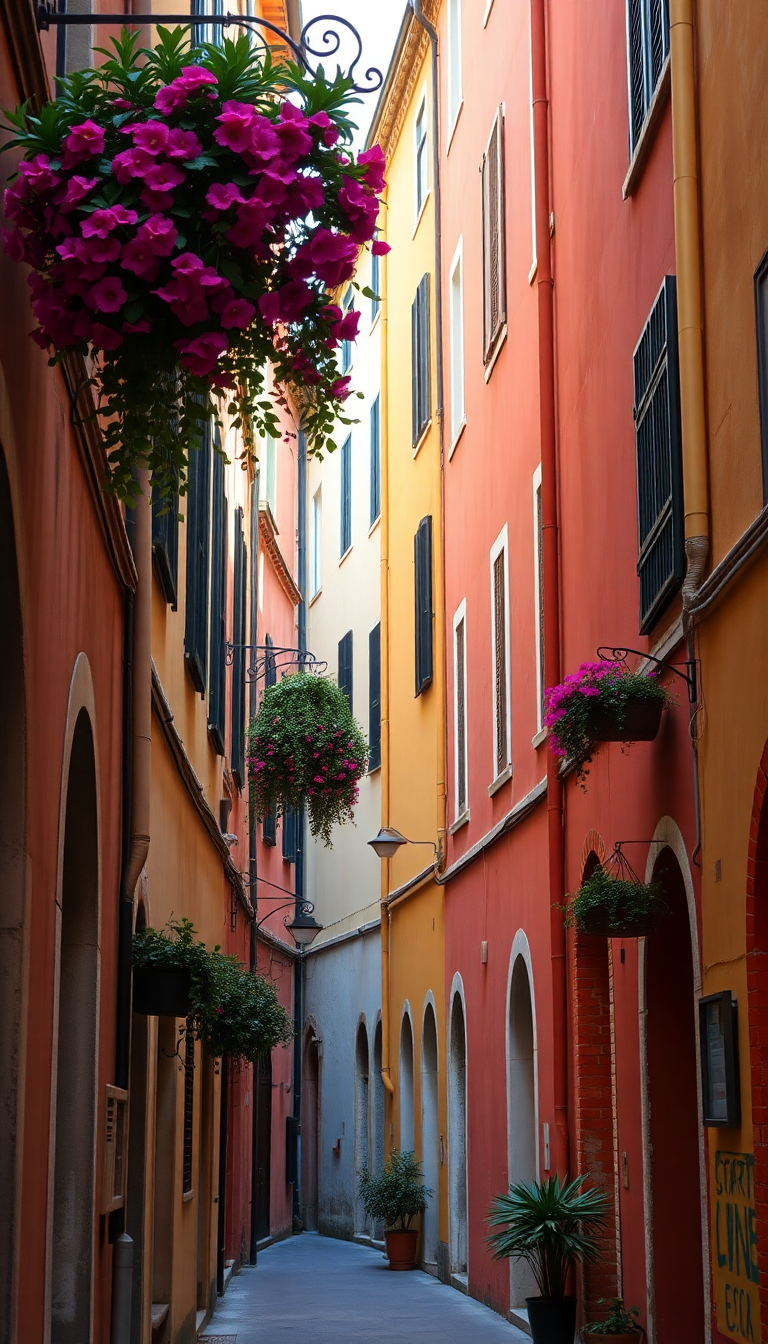Narrow Italian Alley Colorful Buildings Hanging Photorealistic Modern Wallpaper
