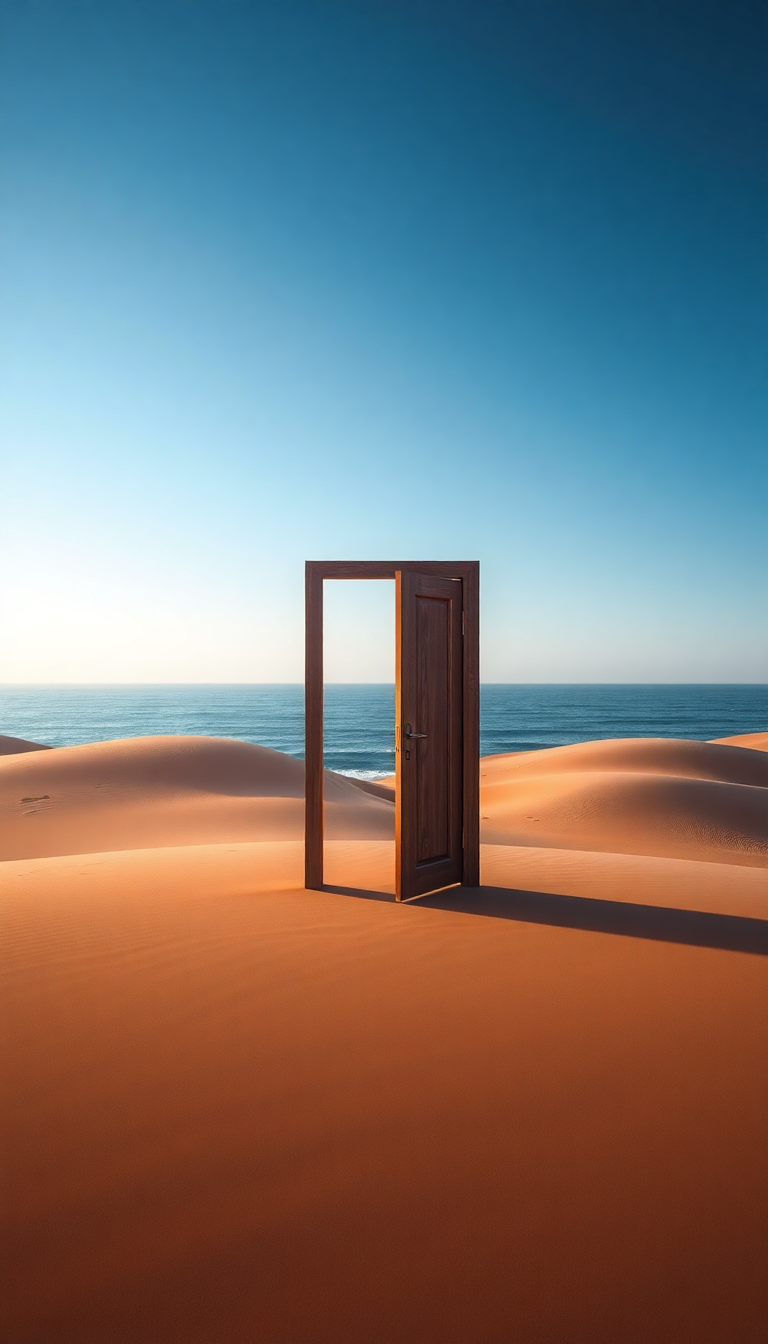Door Standing Alone Desert Opening Ocean Digital art Enhanced Wallpaper