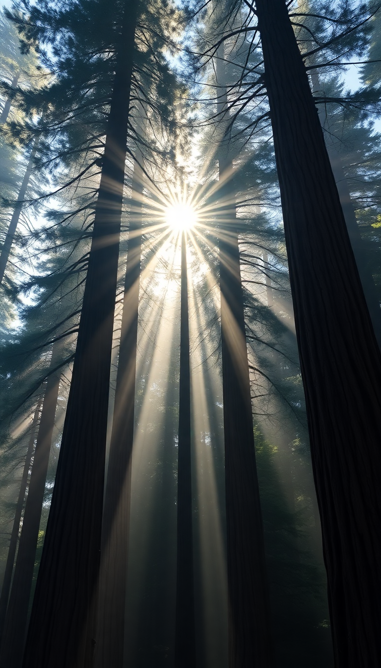 Timeless Fog Morning Trees Redwood Photorealistic Wallpaper