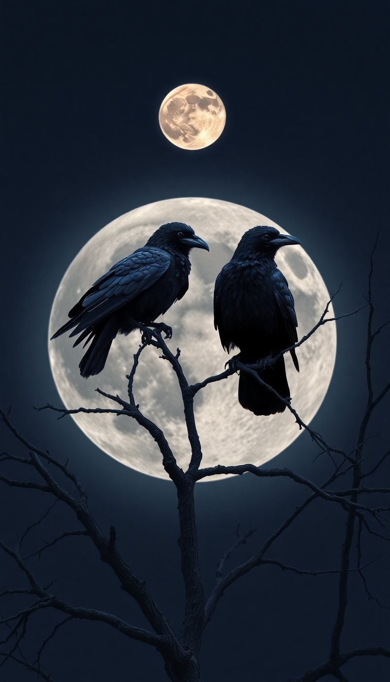 Ravens Dead Tree Branches Full Moon Digital art Fresh Wallpaper