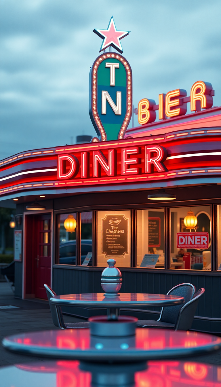 Abstract Chrome Signs Neon Diner Photorealistic Wallpaper