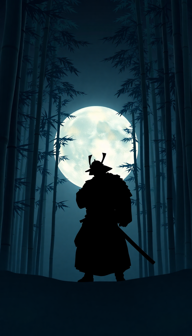 Samurai Silhouette Moonlit Bamboo Forest Digital art Prime Wallpaper
