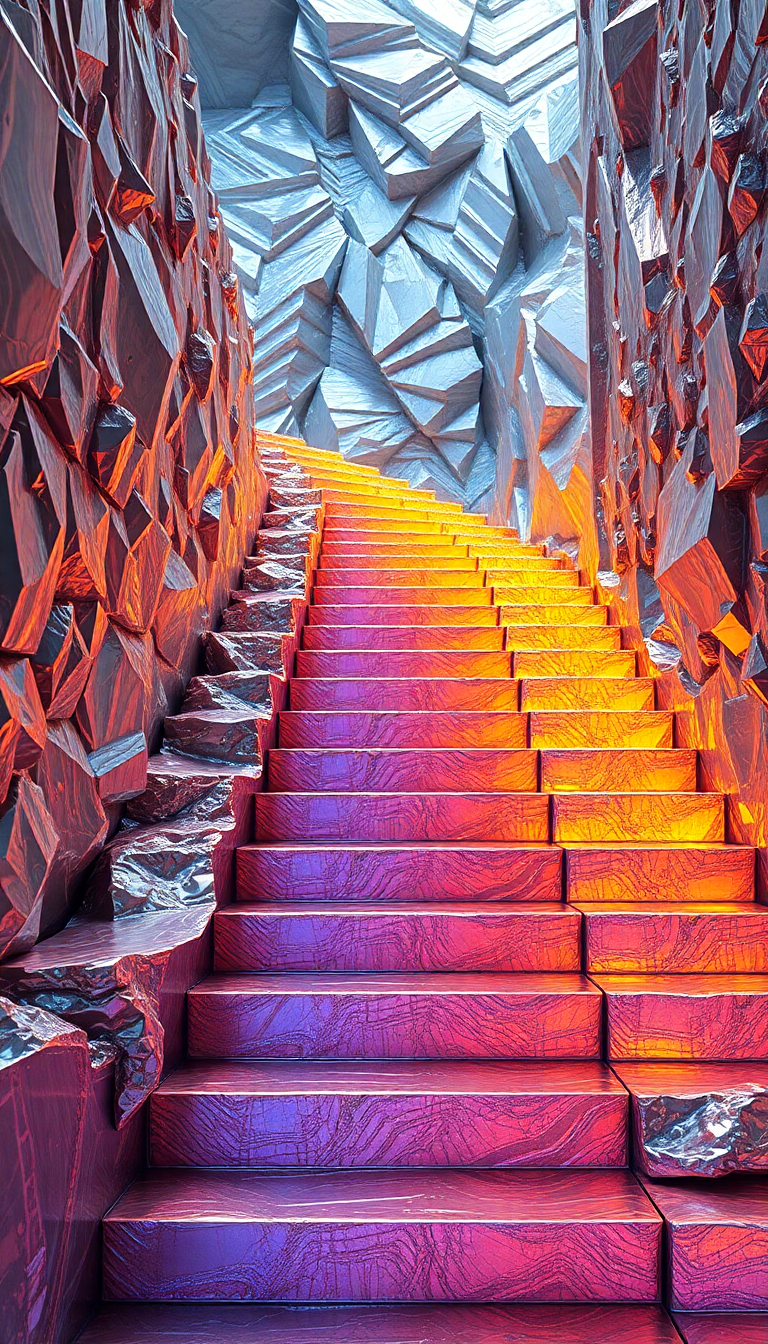 Bismuth Crystal Formation Rainbow Metallic Stairs Photorealistic Special Wallpaper