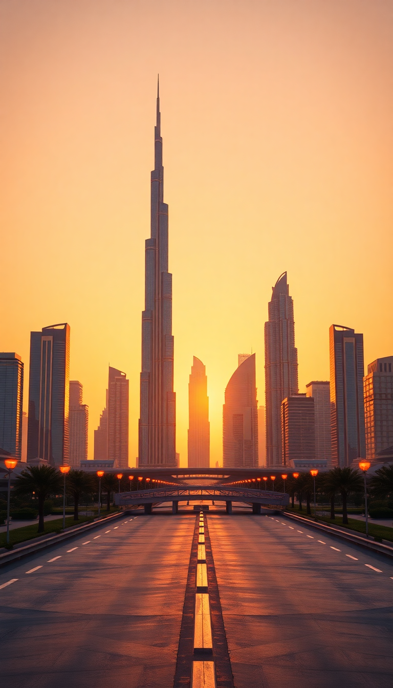 Minimalist Dubai Skyline Futuristic Towers Sunset Wallpaper