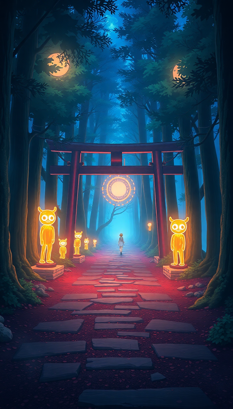 Spectacular Spirit Forest Glowing Creatures Torii Wallpaper