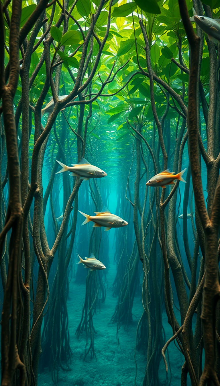 Mangrove Forest Roots Underwater Fish Swimming Photorealistic HQ Wallpaper