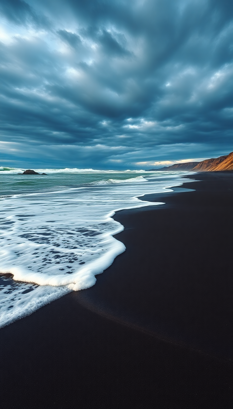 Photorealistic Twilight Black Sand Beach Wallpaper