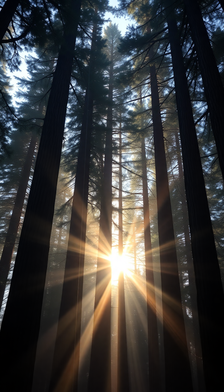 Sharp Giant Trees Fog Filtering Photorealistic Wallpaper