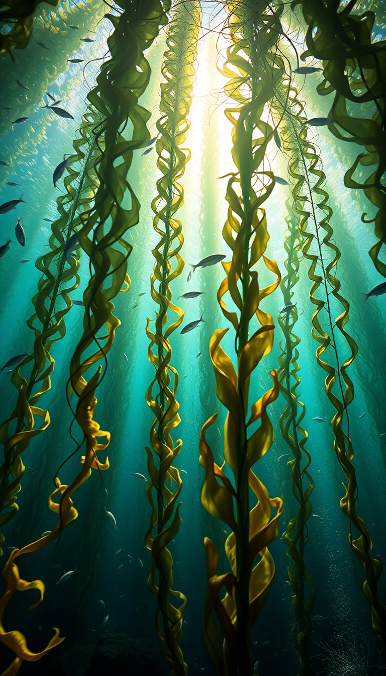 Underwater Forest Kelp Swaying Fish Sunlight Photorealistic Plus Wallpaper
