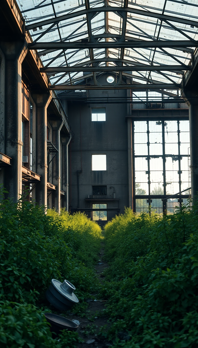Abandoned Factory Nature Reclaiming Industrial Decay Photorealistic Mega Wallpaper