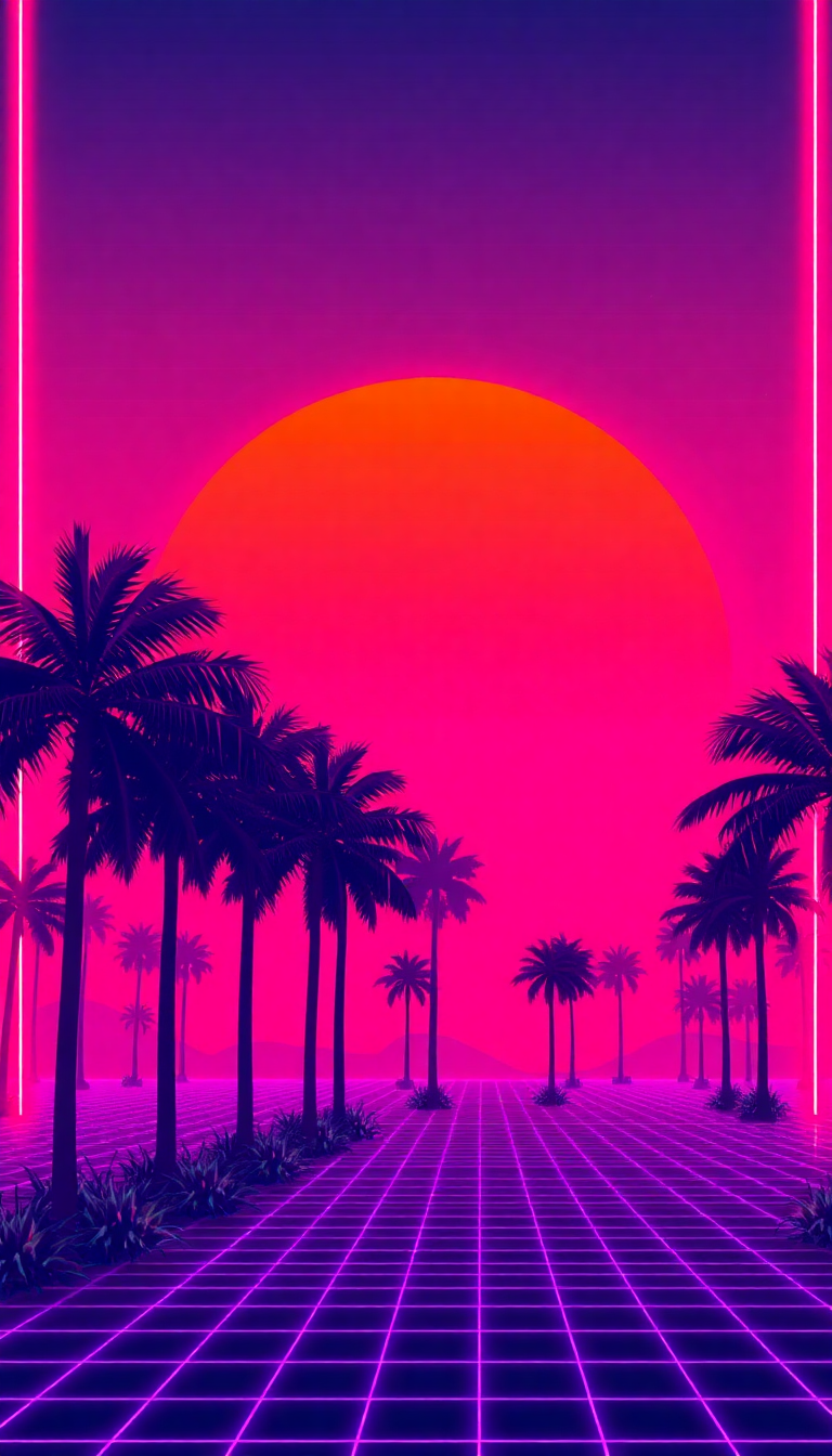 Alluring Palm Sunset Grid Synthwave Digital art Wallpaper