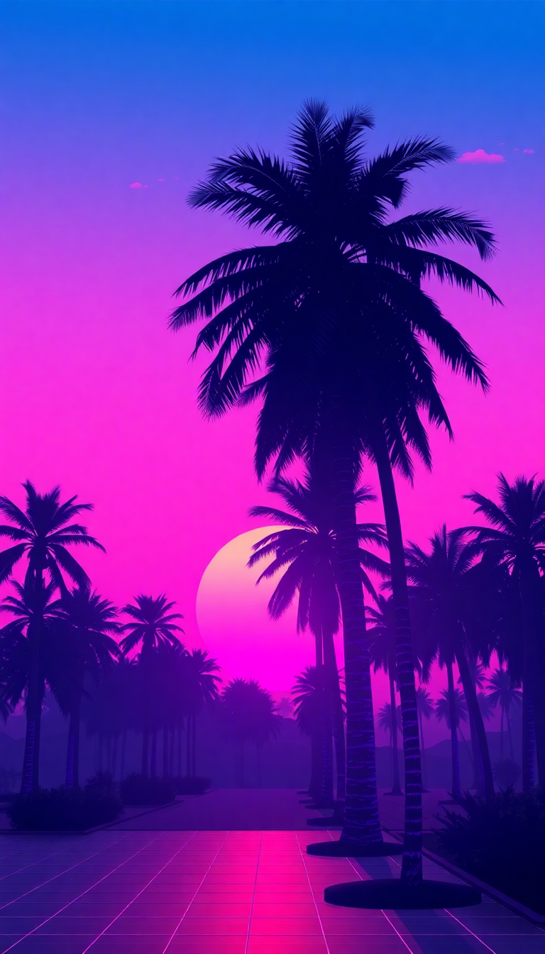Wild Grid Sunset Palm Trees Neon Wallpaper