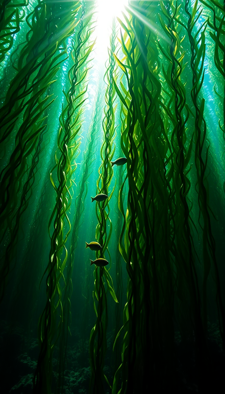Minimalist Fish Swaying Kelp Forest Photorealistic Wallpaper