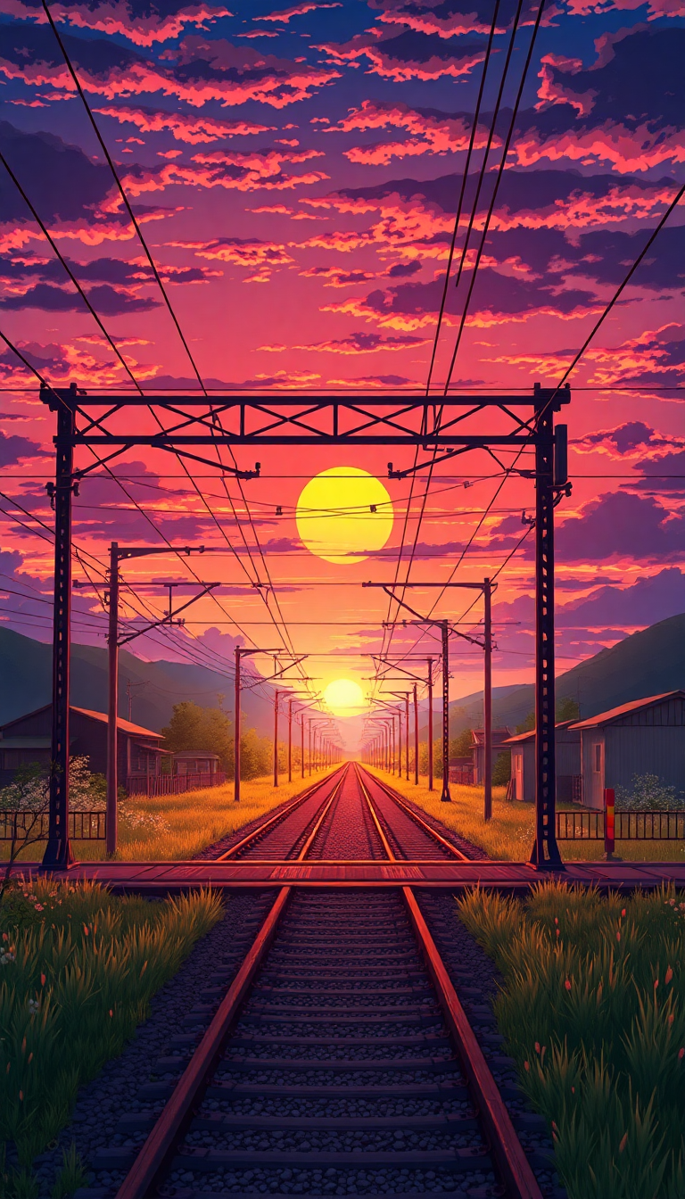 Train Crossing Rural Japan Sunset Anime Anime Prime Wallpaper