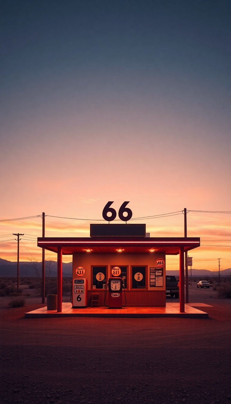 Photorealistic Moody Gas Station Desert Wallpaper