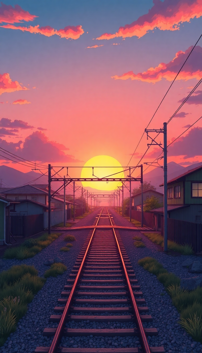 Crystal Sunset Japan Rural Crossing Anime Wallpaper