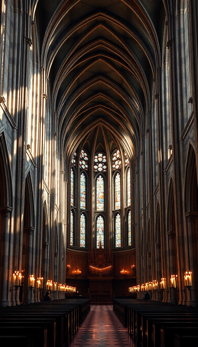 Gothic Cathedral Interior Candlelight Shadows Photorealistic Pro Wallpaper