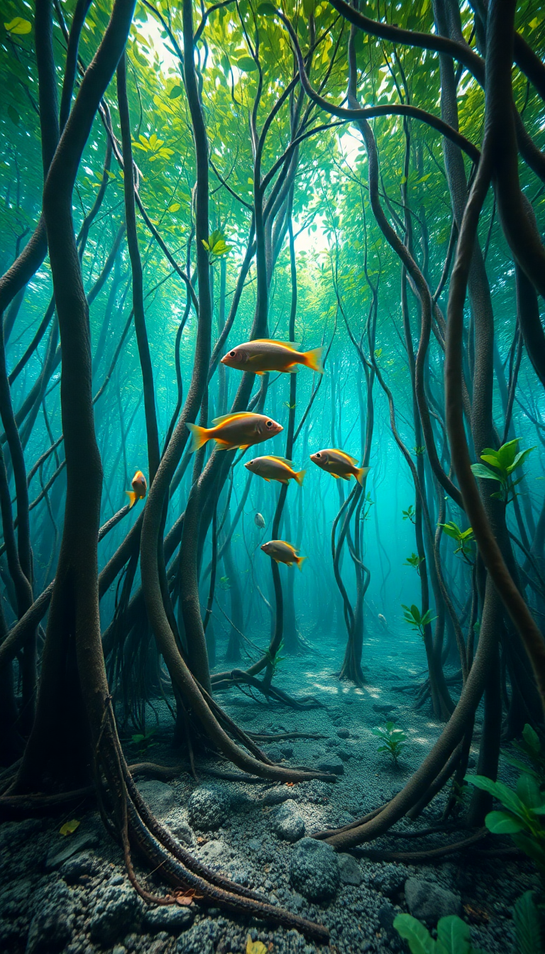 Gothic Fish Underwater Roots Forest Photorealistic Wallpaper