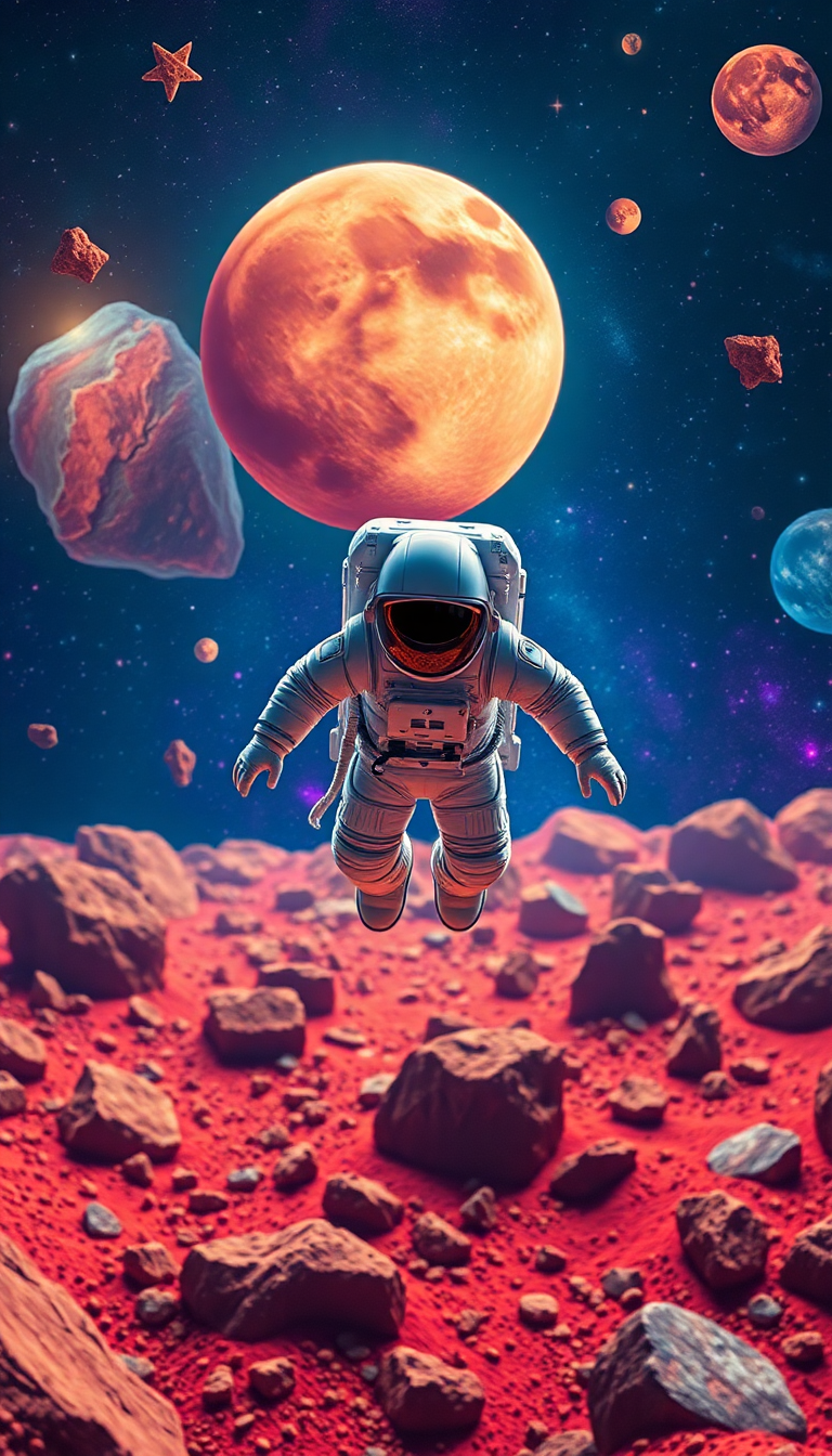 Astronaut Floating Through Colorful Asteroid Digital art Wallpaper