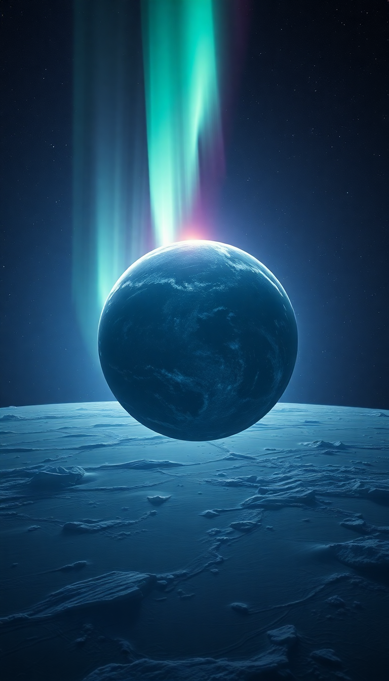 Lonely Satellite Orbiting Ice Planet Photorealistic Wallpaper