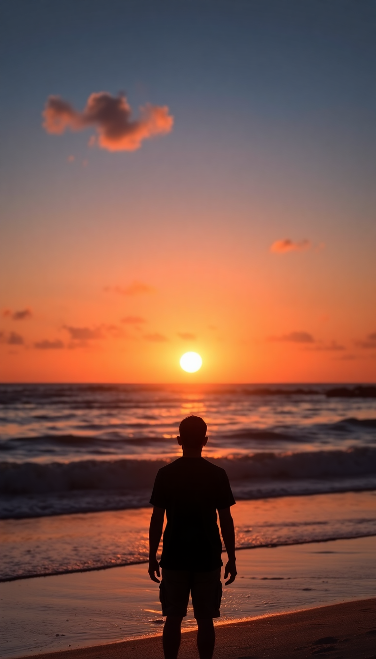 Beach Sunset Golden Hour Silhouette Figure Photorealistic Exclusive Wallpaper