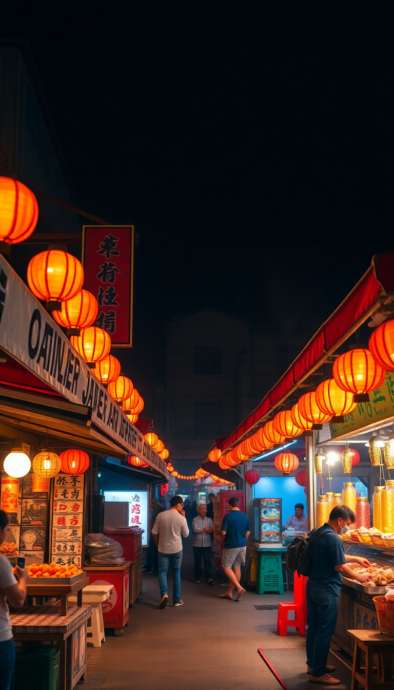 Enchanting Night Street Stalls Lanterns Photorealistic Wallpaper