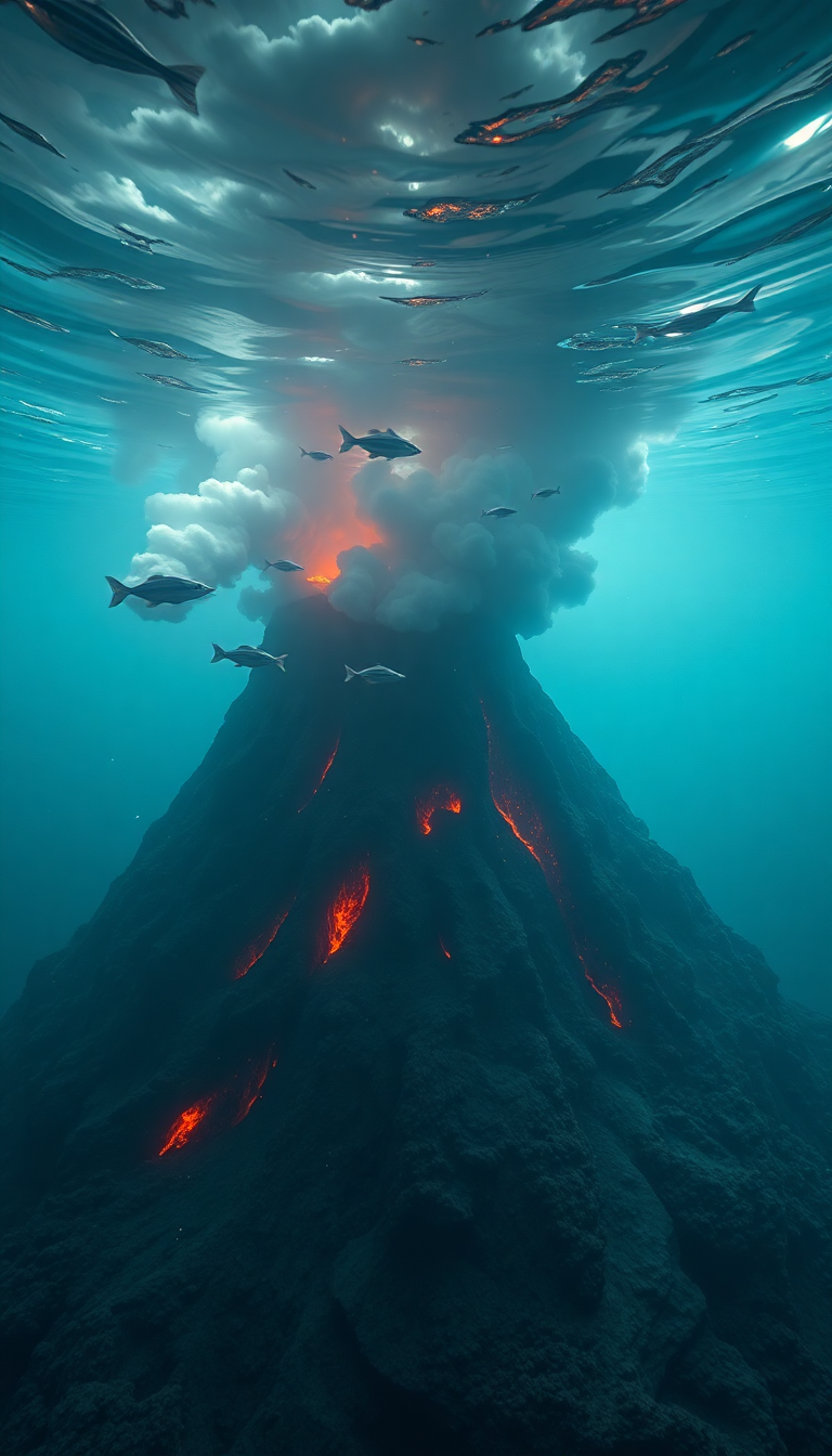 Golden Volcano Vents Smoke Sea Life Wallpaper