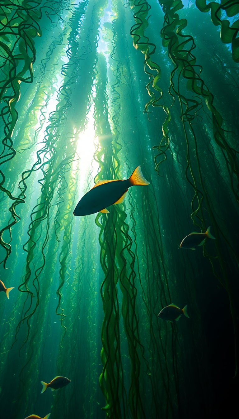 Underwater Forest Kelp Swaying Fish Photorealistic Wallpaper