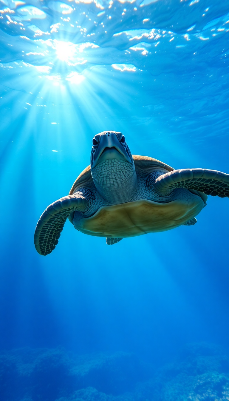 Sea Turtle Swimming Sunbeams Underwater Photorealistic Wallpaper