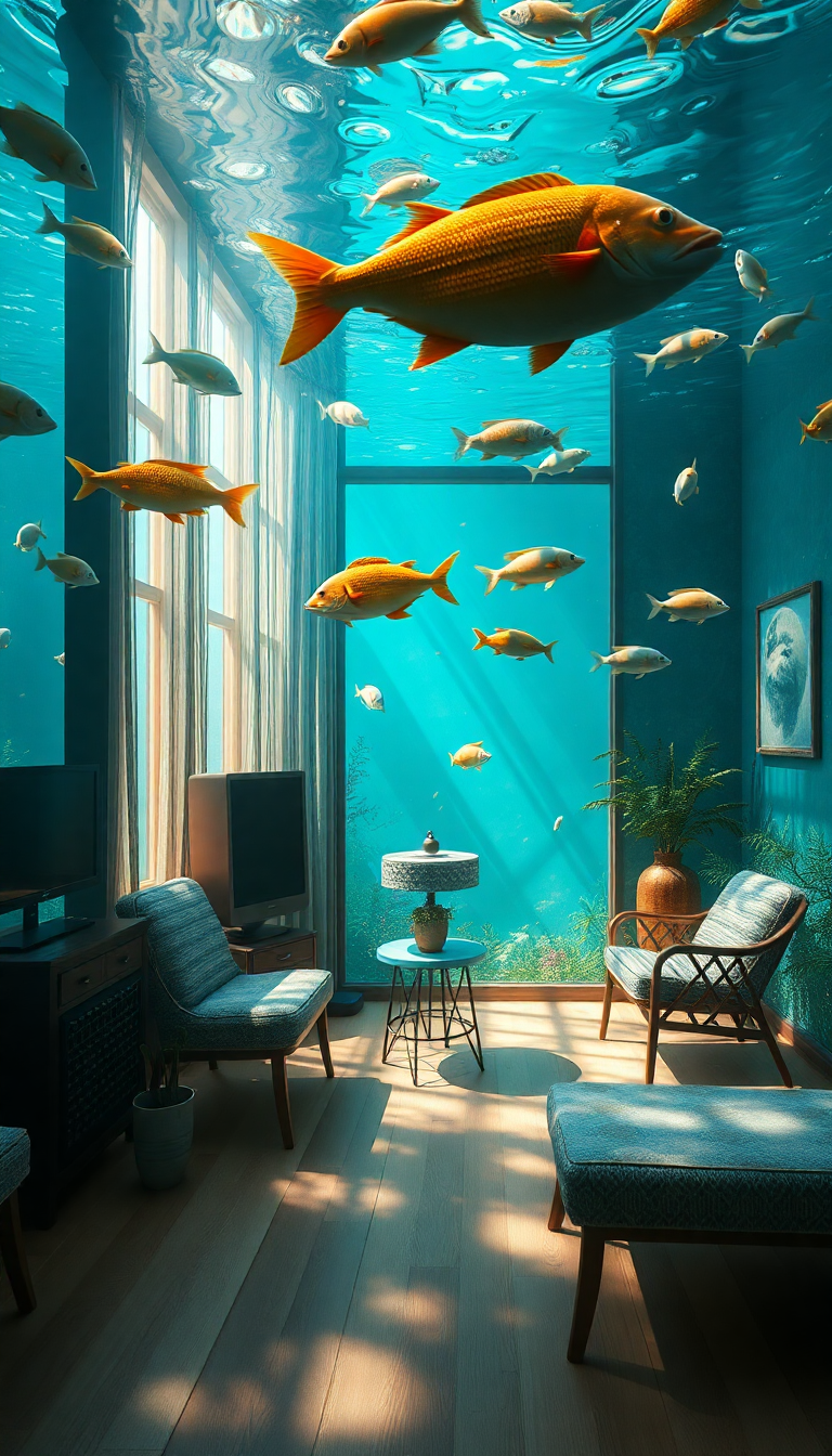Room Underwater Furniture Floating Fish Digital art Wallpaper