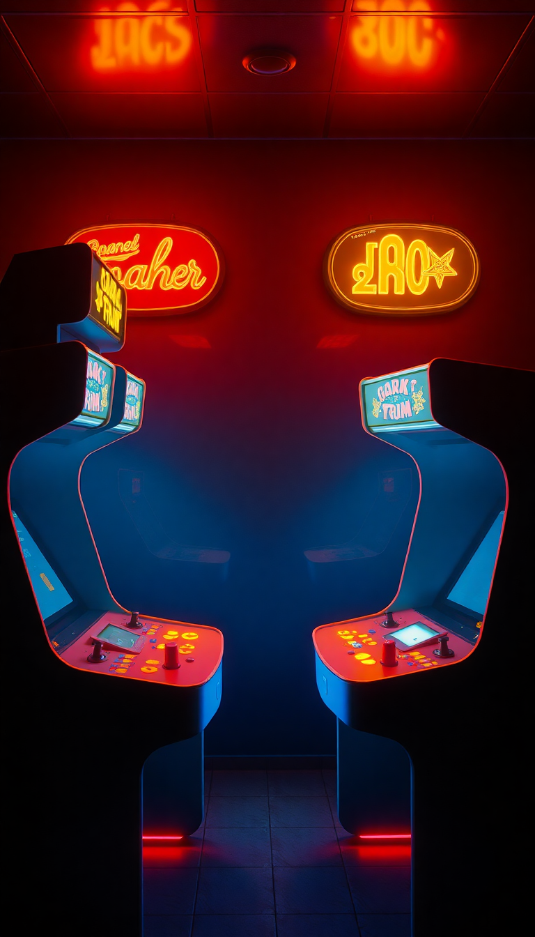 Old Arcade Machines Dark Room Photorealistic Wallpaper