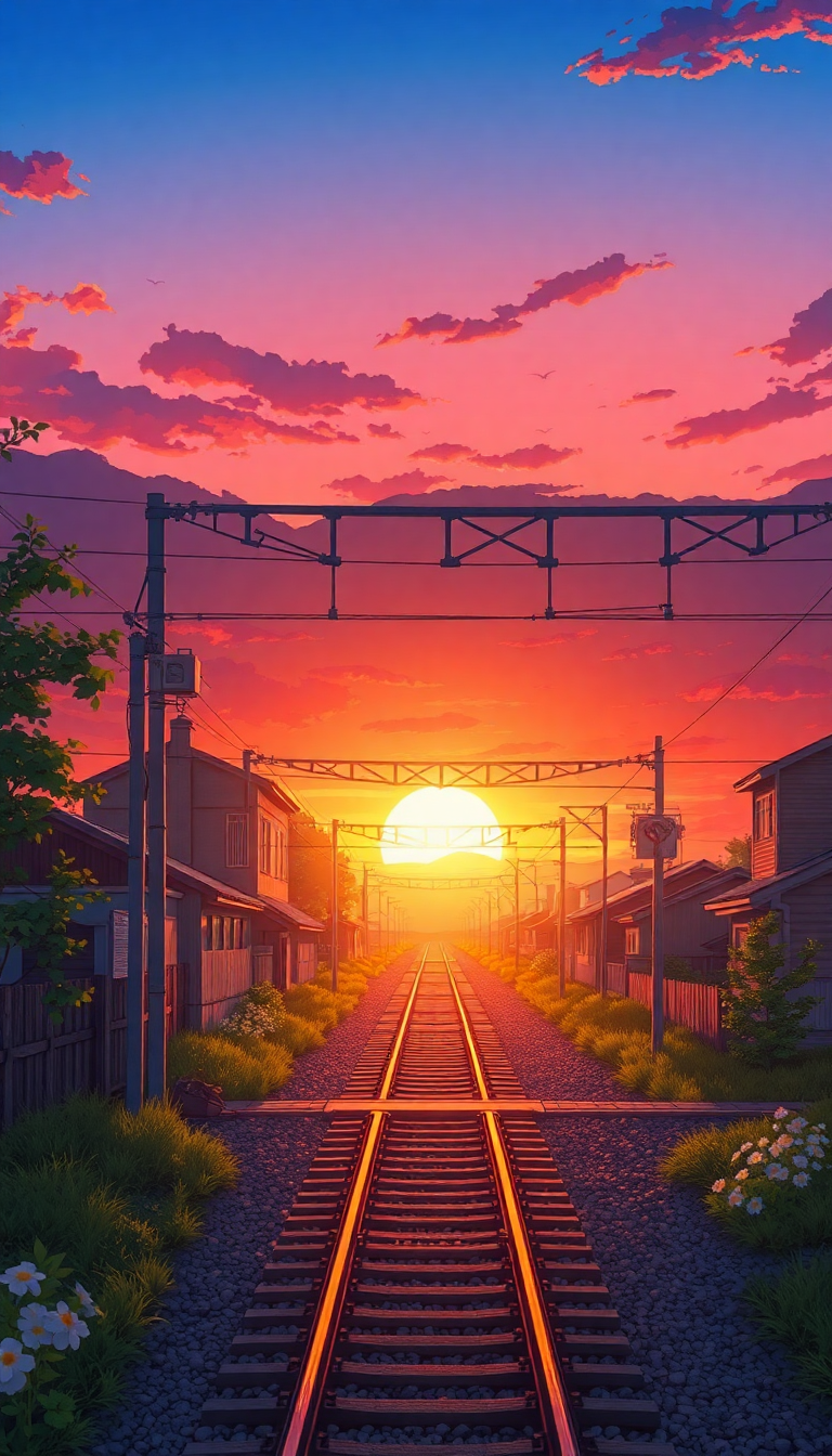 Fiery Sunset Japan Rural Crossing Anime Wallpaper