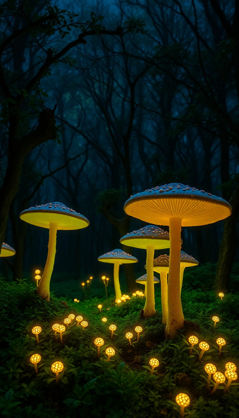 Grand Dusky Bioluminescent Mushroom Forest Wallpaper