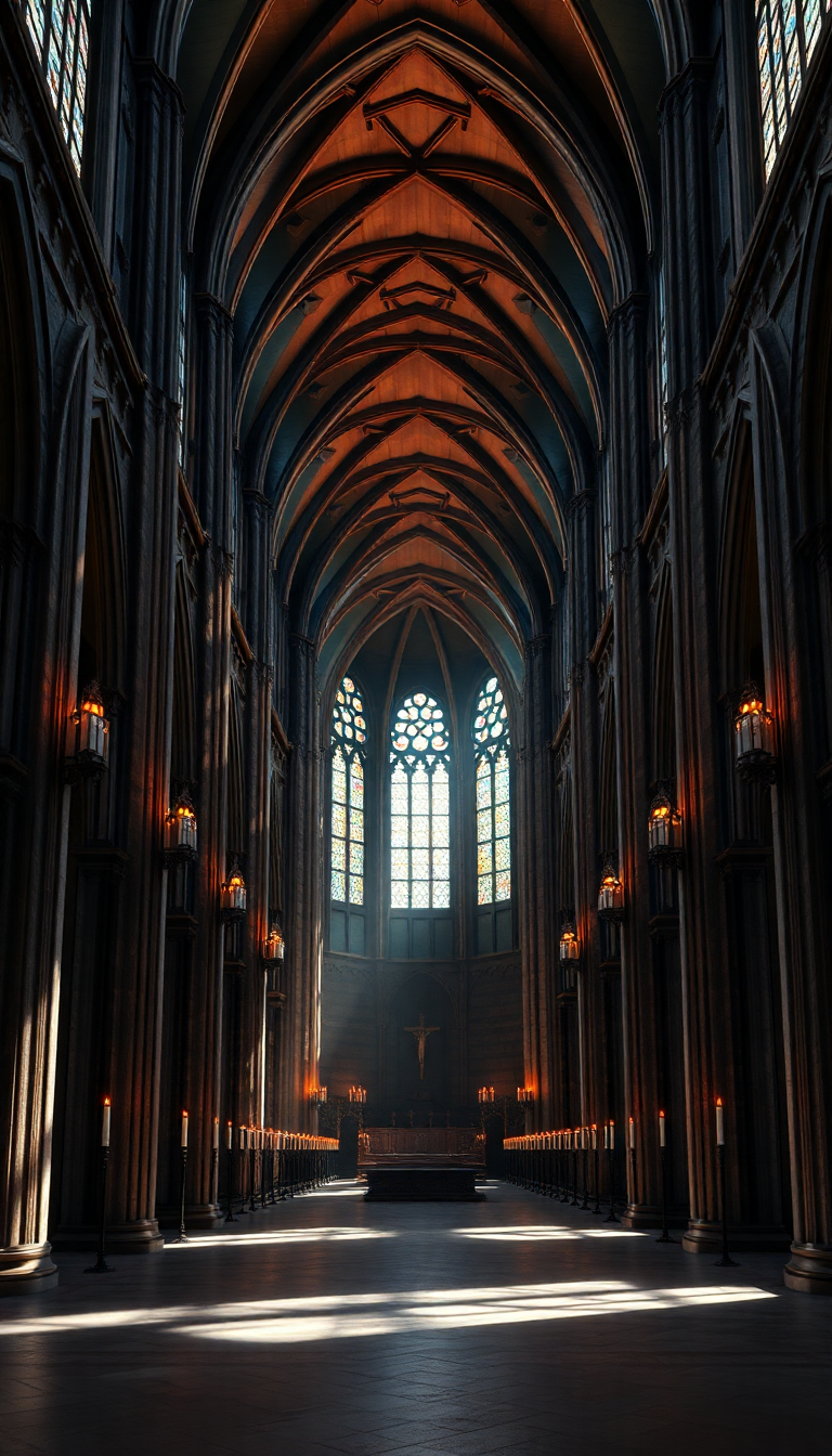 Dusky Shadows Candlelight Interior Cathedral Photorealistic Wallpaper