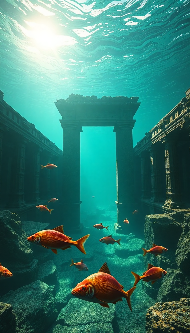 Temple Fish Swimming Ruins Fantasy Original Wallpaper