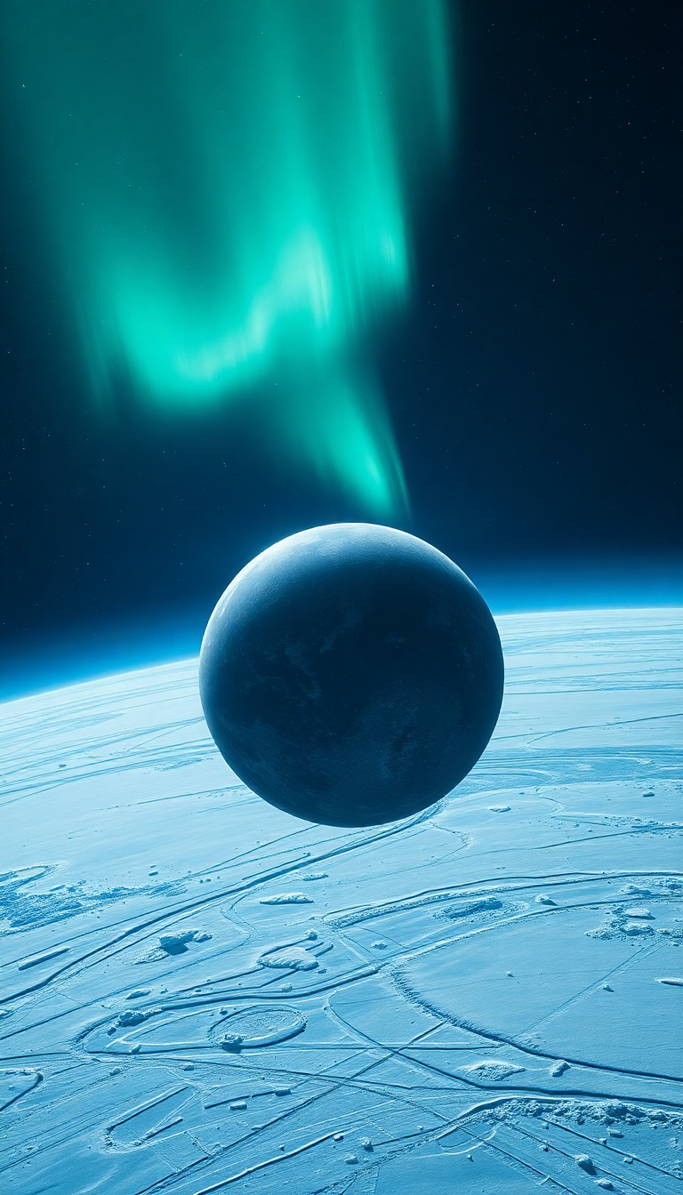 Classic Orbiting Ice Planet Aurora Wallpaper