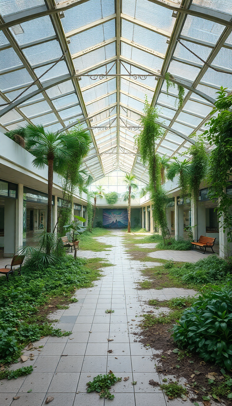 Abandoned Shopping Mall Nature Reclaiming Photorealistic Wallpaper