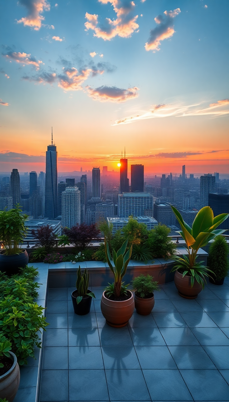 Gothic Rooftop Oasis City Sunset Photorealistic Wallpaper