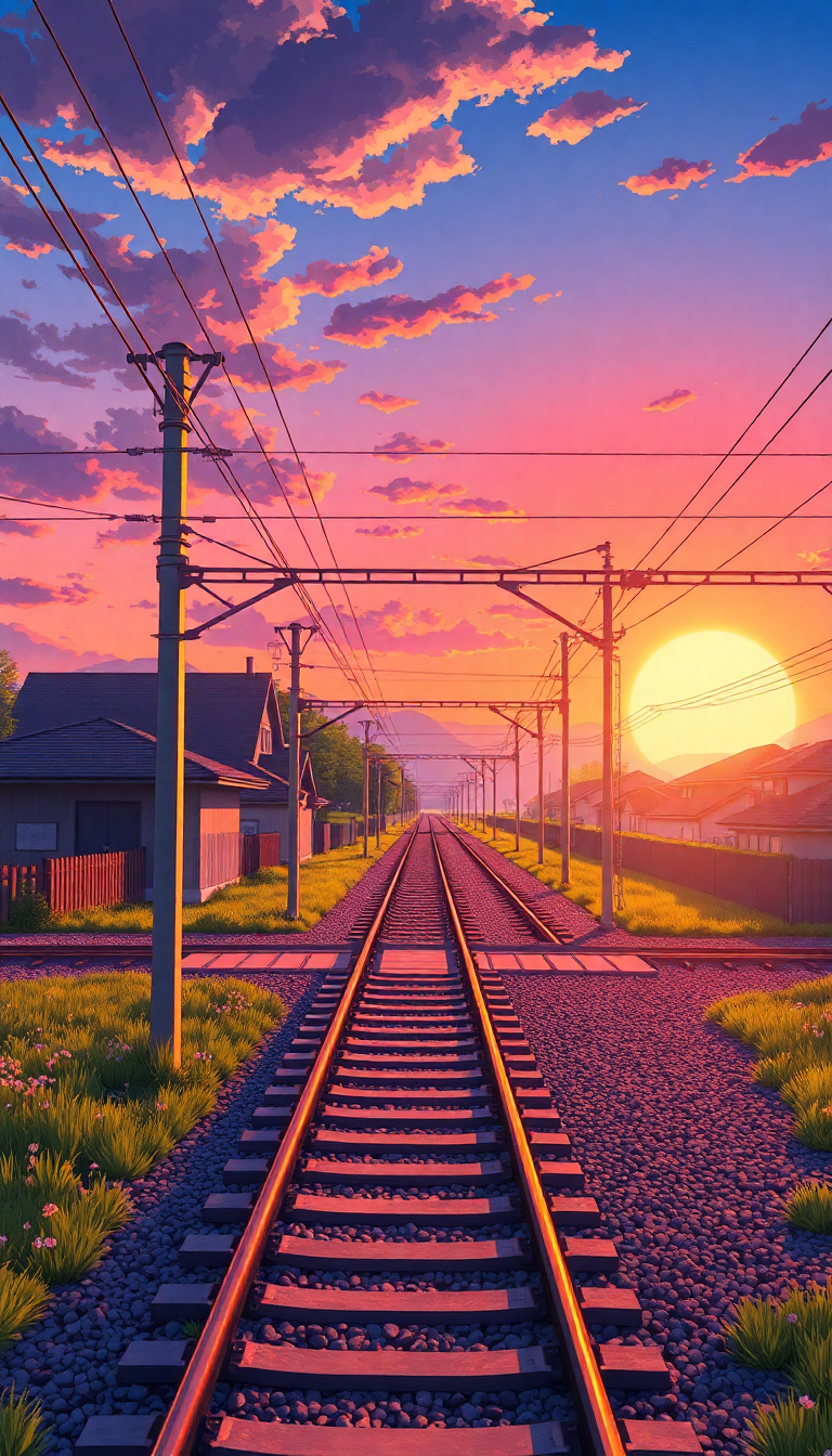 Vintage Train Rural Sunset Scenery Anime Wallpaper