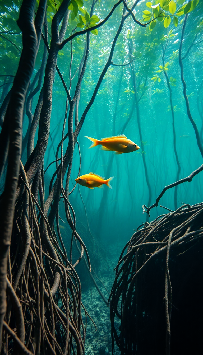 Ethereal Forest Roots Underwater Fish Swimming Wallpaper