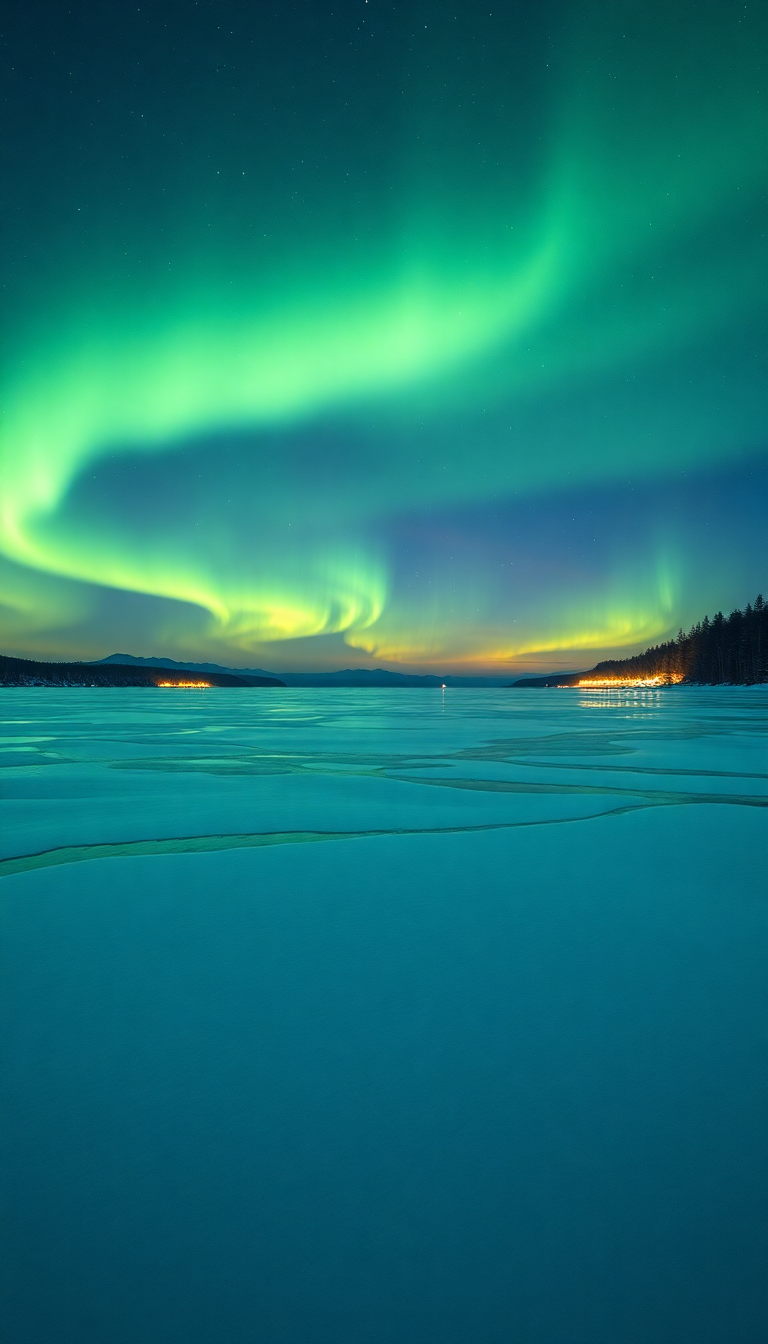 Winter Northern Lights Over Frozen Lake Photorealistic Super Wallpaper